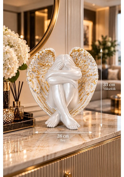 Beyaz Gold Kanatlı Melek Biblo 33 Cm Lüks Dekoratif Heykel