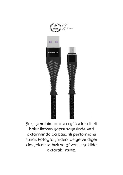 Şarjkablo Süper Hızlı Destekleyici S61 Micro Usb Kablo 1.2m 2.1a Hızlı Şarj Veri Aktarım Naylon Örg Siyah