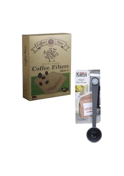 Time Filtre Kahve Kağıdı 1/4 4 Numara 80'li Paket + Kanji Klipsli Çay Kahve Ölçü Kaşığı - Gri S