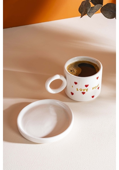 Rivaistanbul I Love You Amore El Yapımı Seramik Double Kahve Fincanı Mug Kupa Krem