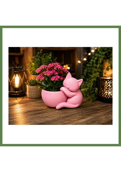 Bezos 3d Baskı Sarılan Kedi Saksı - Sevimli Dekoratif Saksı - Pembe Hb006