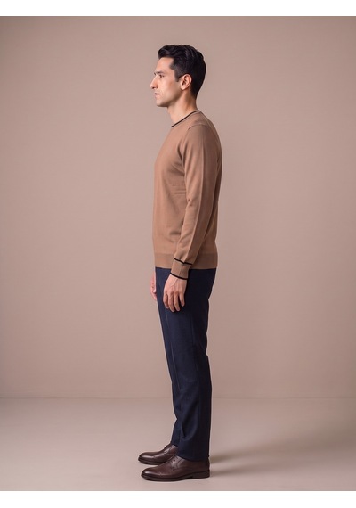Maccali Erkek Camel Kontrast Şeritli Bisiklet Yaka Triko Sweatshirt