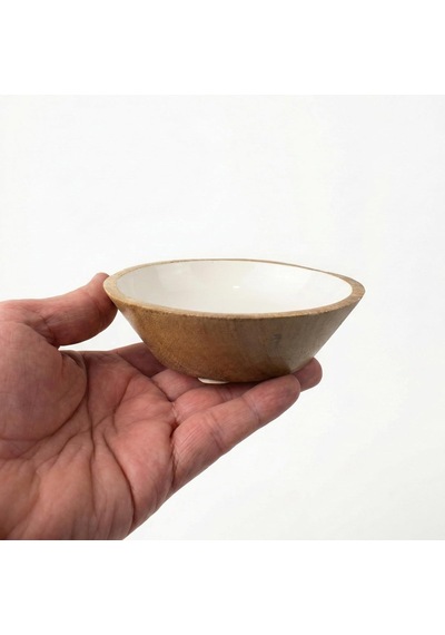Deconox Mango Ağacı Kase - İçi Krem Emaye Enamel Kaplama 13 Cm Dekoratif Ahşap Sunum Kasesi - Leke Tutmaz Sosluk,