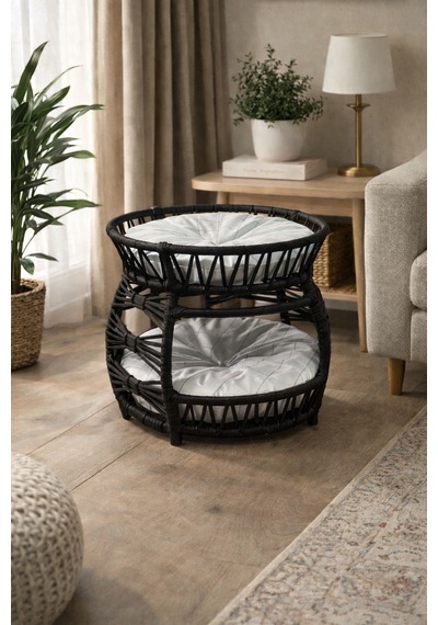Galaxy Çift Katlı Kedi Yatağı Modern Rattan Tasarım, Yumuşak Minderli, İç Mekan Kedi Evi