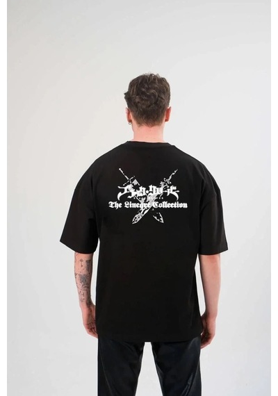 Erkek Kısa Kol Tişört Bisiklet Yaka Yonca Baskılı Oversize T-shirt - Siyah
