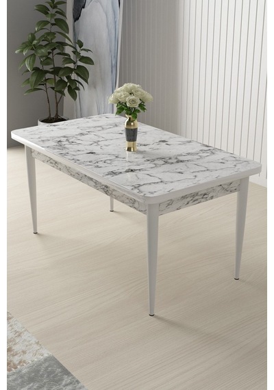 Canisa Arp Serisi 70x110 Sabit Mutfak Masası Beyaz Mermer Masa Masa Beyaz Mermer Desen