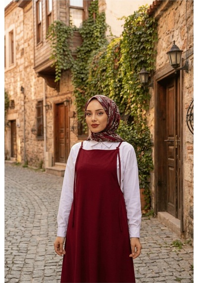 Unika Boutique Tesettür Askılı Jile Elbise Dokuma Bordo