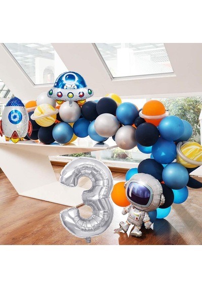Uzay Temalı Doğum Günü Seti 3 Yaş ; 4 Adet Folyo Balon, 60 Adet Lateks Balon, Banner, Balon Zinciri ve Balon Bandı