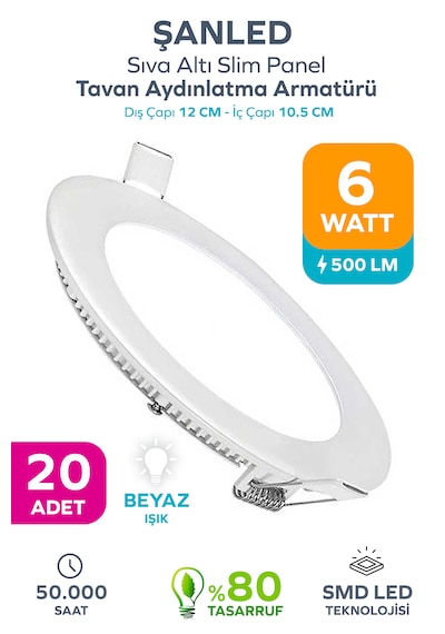 6w Tasarruflu Led Yuvarlak Beyaz Işık Sıva Altı Slim Panel Tavan Aydınlatma Armatürü 20 Adet