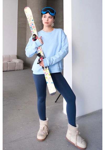 Justever Bisiklet Yaka Basic Kalıp Mavi Kadın Sweatshirt Eşofman Üstü - Aura Mavi