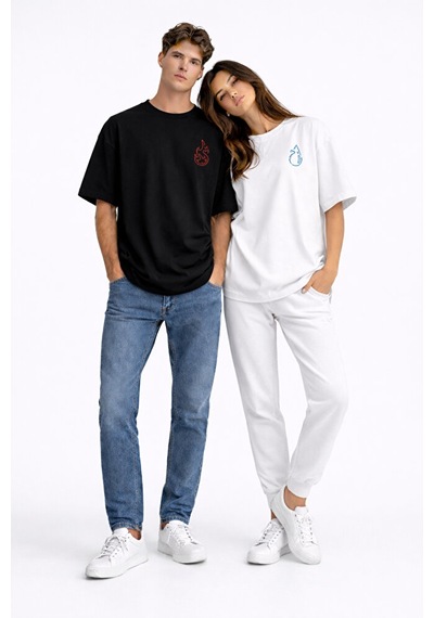 Sevgili Kombini Ateş Su Minimal Çift Tişört Oversize Unisex Partn Siyah - Beyaz