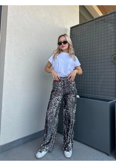 Keymoda Kadın Pullu Pantolon Gümüş Siyah