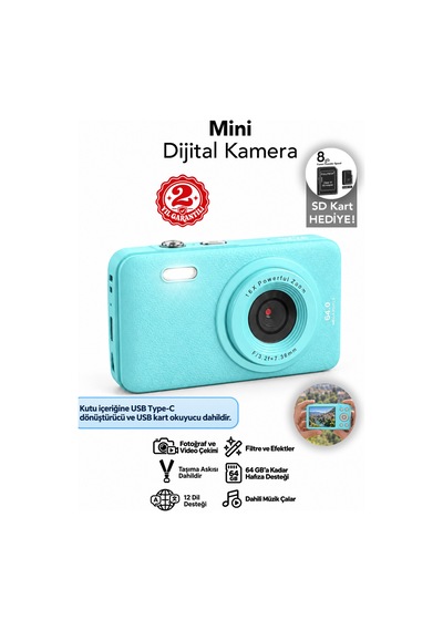 Mimtec Blm-105 102 Mini Dijital Fotoğraf Makinası - 2.8" Hd Ekran 12 Farklı Dil Seçenekli Dijital Video Kamera Mavi