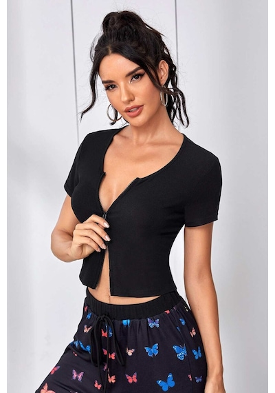 Kadın Siyah Çift Fermuarlı Yarım Kol Crop Top Bluz