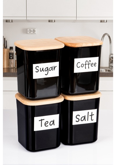 4'lü Ahşap Vakumlu Kapaklı Kare Akrilik Tea Sugar Coffee Salt Erzak Saklama Kabı 900 Ml Siyah