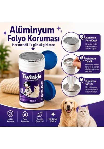 Twinkle Kedi Köpek Islak Mendil 50 Adet - Pati Tüy Kulak Ve Göz Çevresi Temizliği - Alkolsüz Parabensiz Hijyenik Mendil