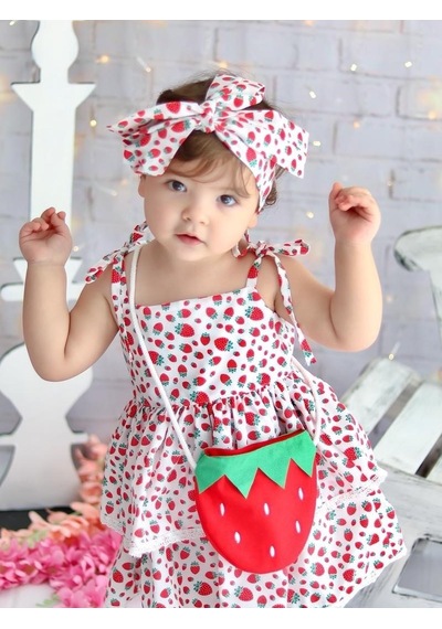 Mnk Baby & Kids Mnk Çantalı Çilek Elbise Kırmızı