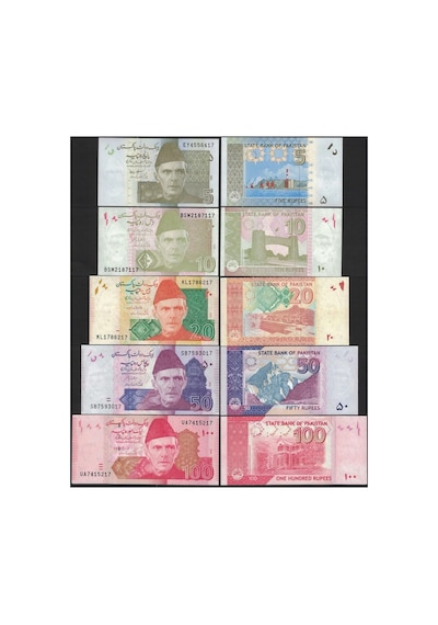 Pakistan 5-10-20-50-100 Rupees 2009-2024 Kağıt Para Seti Çil Unc 5 Li Set Koleksiyon Para