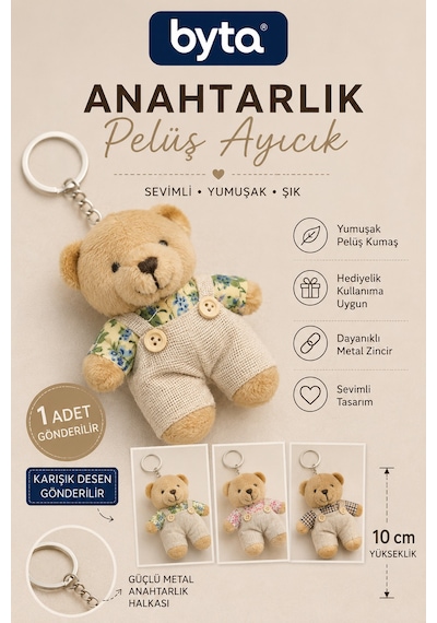 Peluş Ayıcık Anahtarlık 10 Cm Karışık Desenli Çanta Süsü Ve Anahtar Aksesuarı 1 Adet - Hediyelik Ekru