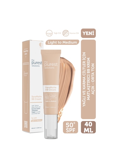 The Purest Solutions Yağlı ve Karma Ciltler İçin Matlaştırıcı BB Krem, SPF 50 + 40 ml – Açık / Orta Ton
