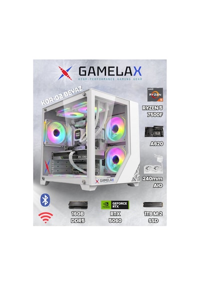 Gamelax Kor-02 Beyaz Amd Ryzen5 7500f Rtx5060 8gb 16gb Ddr5 Ram 1tb M.2 Ssd 240mm Sıvı Soğutma Wi-fi