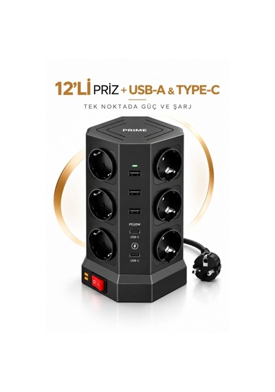 12 Li Priz Çoklu Akım Korumalı Uzatma Kulesi 3 Usb-a 2 Usb-c Pd20w 3680w 2 Metre 0 - 2 M