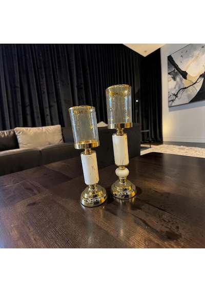 Premium Gold & Mermer Şamdan İkili Set Altın