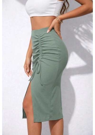 Defymoda Kadın Beli Lastikli Yandan Büzgülü Bağcık Detaylı Midi Kaşkorse Etek Yeşil