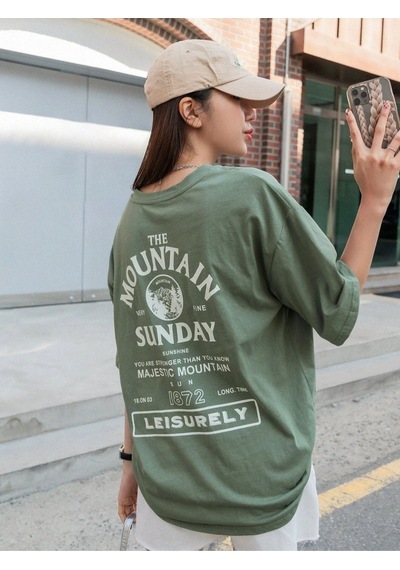 Flood Of Style Kadın Yeşil Mountaın Oversize Bisiklet Yaka Tshirt