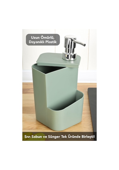 Süngerlik Bölmeli Sıvı Sabunluk - Tezgah Üstü Süngerlikli Sabunluk Mutfak Organizer 850ml Yeşil Yeşil