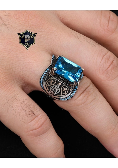 925 Ayar Gümüş Erkek Yüzüğü Aquamarine Aqua Marin Taşlı Turkuaz Taş Süslemeli 800936