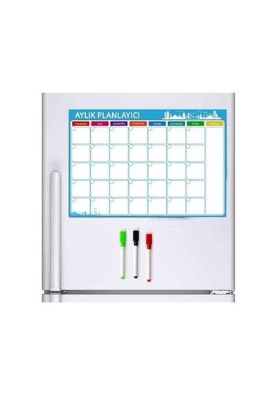 Dünya Magnet Aylık Magnet Planlayıcı, 35x50 Cm Katlanabilir Silinebilir Mıknatıslı Yazı Tahtası Pano + 3 Kalem Açık Gri