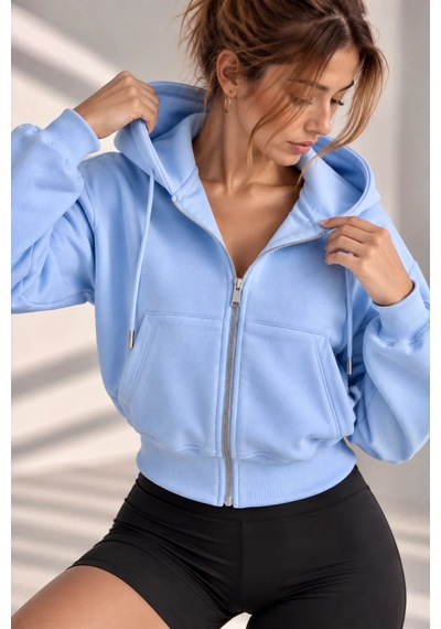 Bb Butik Basic Kapüşonlu Fermuarlı Kısa Kadın Sweatshirt Günlük Basic Model My3535 Bebe Mavi