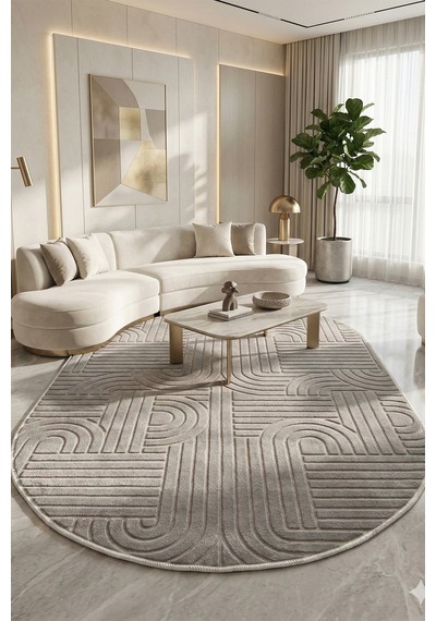 Modern Oval Halı Bambu Dokulu Kaymaz Taban Yumuşak Salon Yatak Odası Halısı Gri