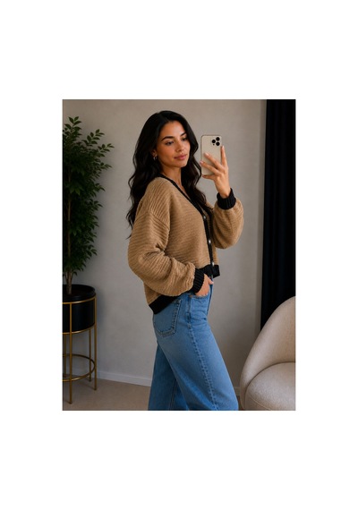 Hira Life Fashion Kadın V Yaka Düğmeli Şeritli Kısa Crop Ceket-hırka Vizon Vizon
