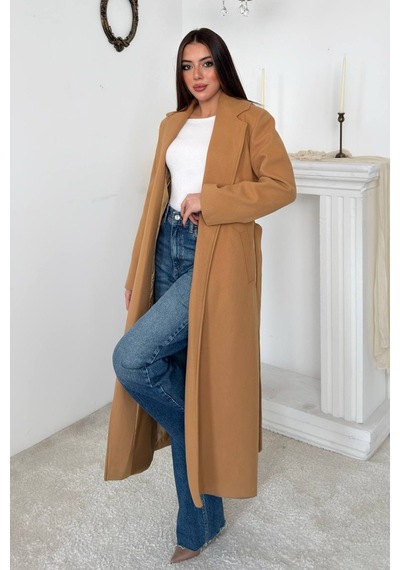 Alemdarshop Camel Kuşaklı Midi Kaban