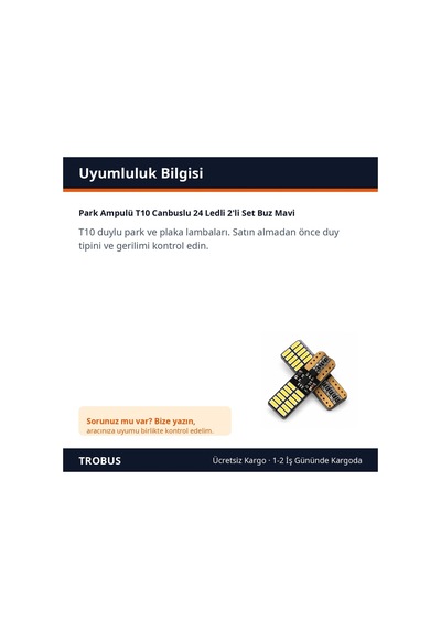 Trobus Park Ampulü T10 Canbuslu 24 Ledli 2'li Set Buz Mavi