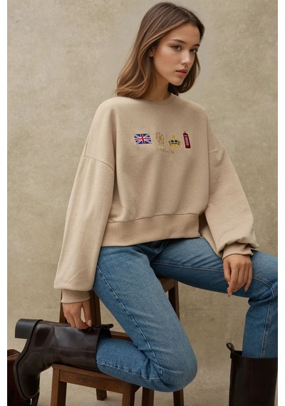 Hiccup İşlemeli Yuvarlak Yaka Sweatshirt Natural
