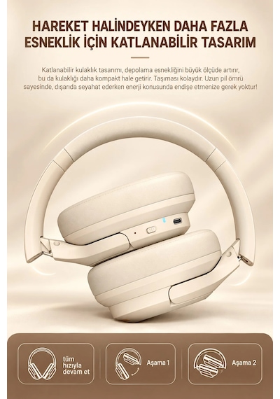Exenar - Bej - Lecoo Es208 Kablosuz Kulak Üstü Kulaklık Bluetooth 5.3 Katlanabilir Mikrofonlu 20 Saat Şarjlı Hafif