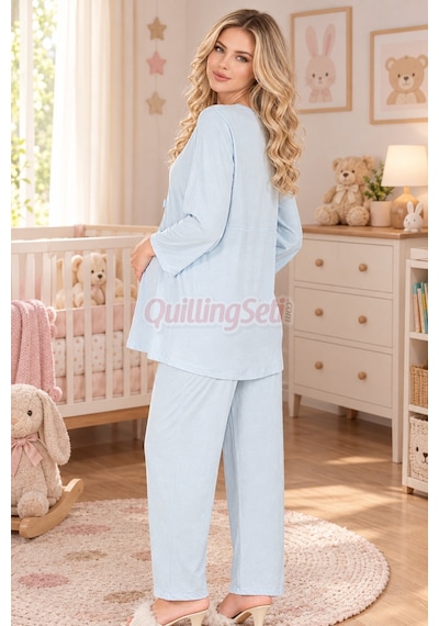 Quilling Lady Bebe Mavi Renkli, Dantel Detaylı 33209 Uzun Kol, 2 Parça Lohusa Hamile Pijama Takımı Açık Mavi M - L