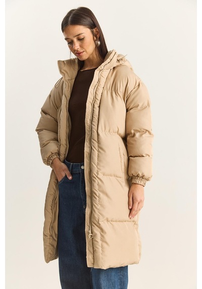 Shade Kadın Cep Detaylı Astarlı Kapüşonlu Uzun Puffer Mont 1129 60283868 - Bej