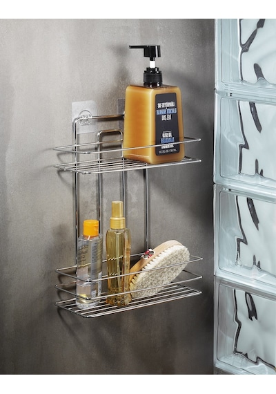 Sas Haus 2 Katlı Parlak Krom Yapışkanlı Banyo Rafı, Duş, Şampuanlık Düzenleyici, Paslanmaz Metal (Vidala/Yapıştır) - TŞ-02