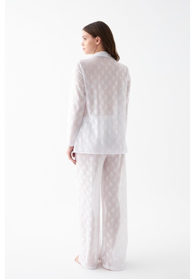 Akbeniz Kadın Beyaz Şeffaf Jakar Düğmeli Pijama Takımı