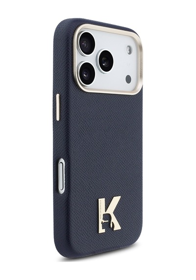 Apple iPhone Uyumlu  17 Pro Max Kılıf Lisanslı M-safeli Gold Kamera Çerçeveli Khead Metal Logolu Pu Deri Lacivert