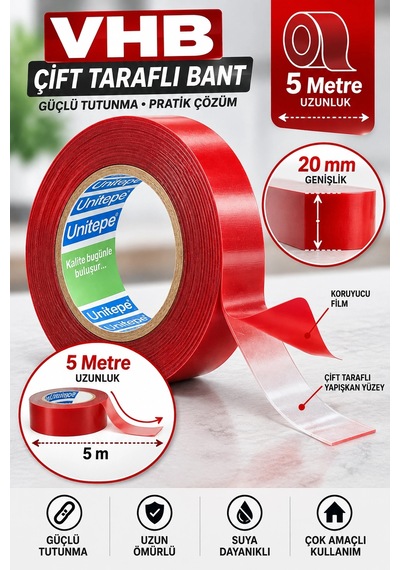 Çift Taraflı Bant 20 Mm X 5 Metre Güçlü Tutunma, Çok Amaçlı Montaj Ve Sabitleme Bandı