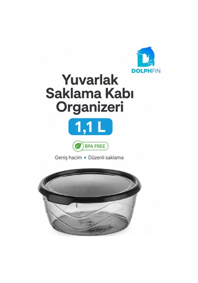 Yuvarlak Saklama Kabı 1,1 Litre 17x17x7 Cm Füme Şeffaf Siyah Kapaklı Bpa İçermez
