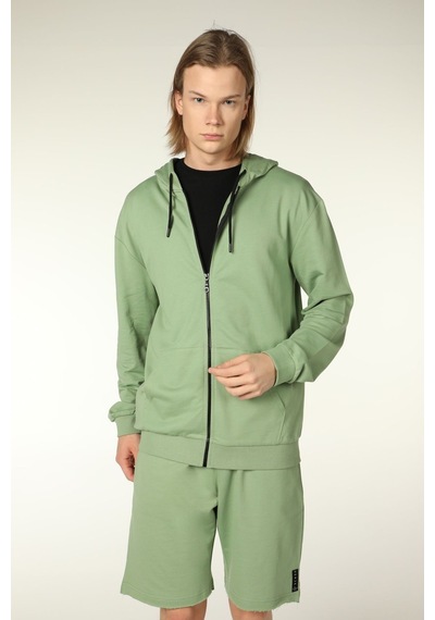 Erkek Kapüşonlu Fermuarlı Oversıze Sweatshırt Koyu Gri Yeşil