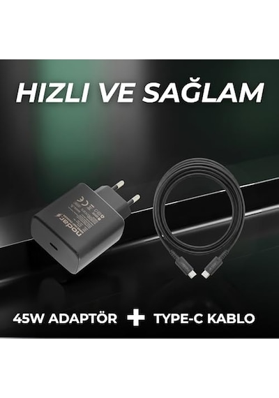 Nodar 45w Süper Hızlı Usb-c Şarj Aleti Seti 1 Metre Type-c To Type-c Kablo Dahil Pd Hızlı Şarj, Kısa Devre Ve Yüksek Voltaj Korumalı Siyah, Nd1007
