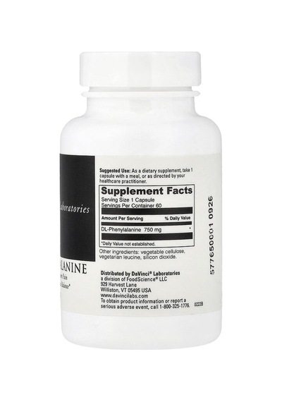 Davinci Laboratories, Dl-phenylalanine, 750 Mg, 60 Capsules