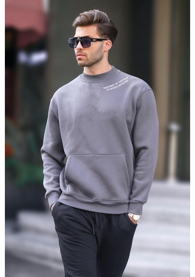Madmext Füme Bisiklet Yaka Nakış Detaylı Cepli Erkek Sweatshirt 7049-füme Füme